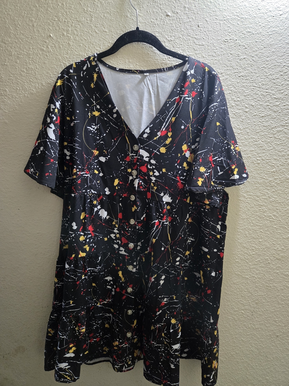 Black Paint-Splash Button Front Dress - Red, Yellow, White Splatter